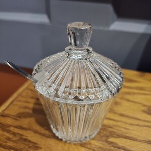 Elegant Clear Glass Sugar Bowl with Lid and Spoon